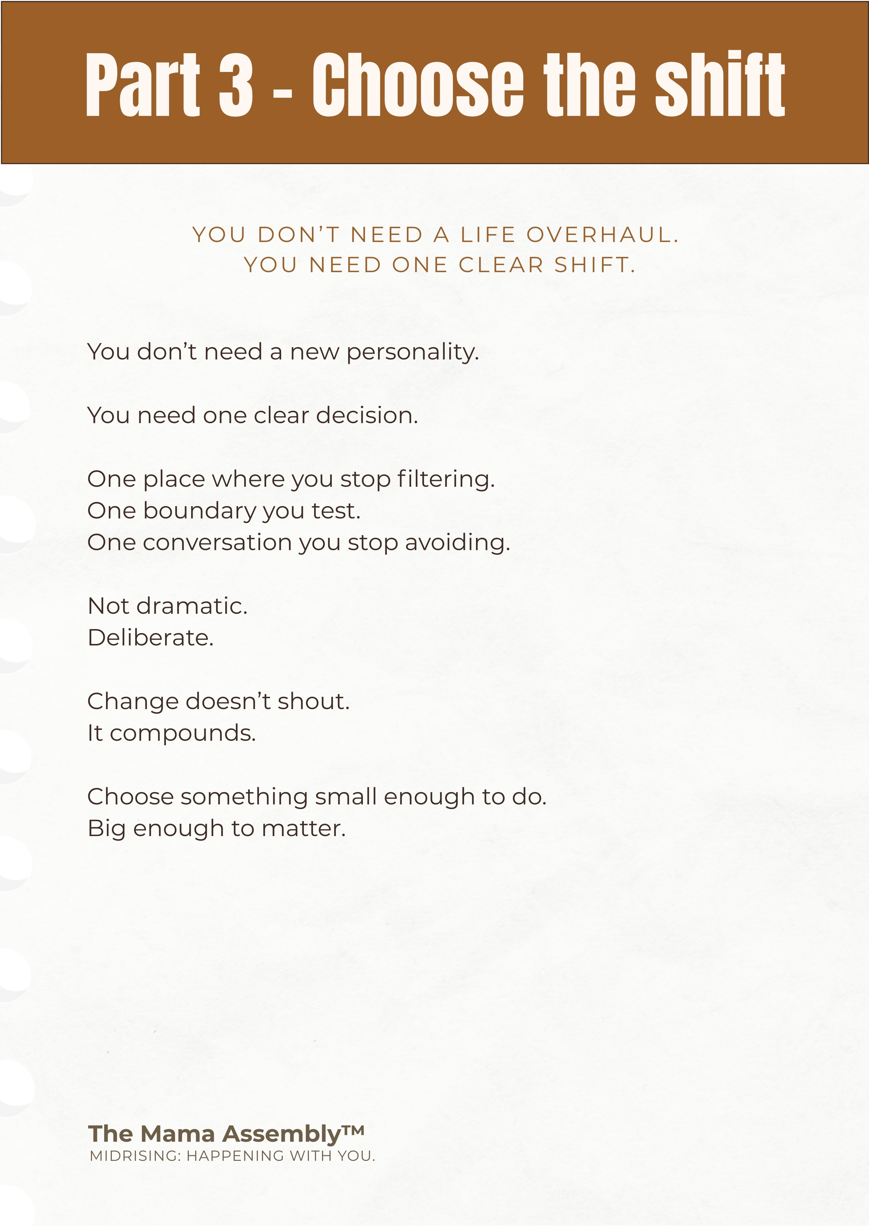 Text on a white background with a brown banner at the top, featuring motivational advice from The Mama Assembly.