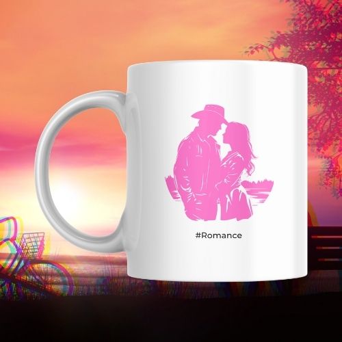 White mug with pink silhouette of a couple and '#Romance' text on a colorful background