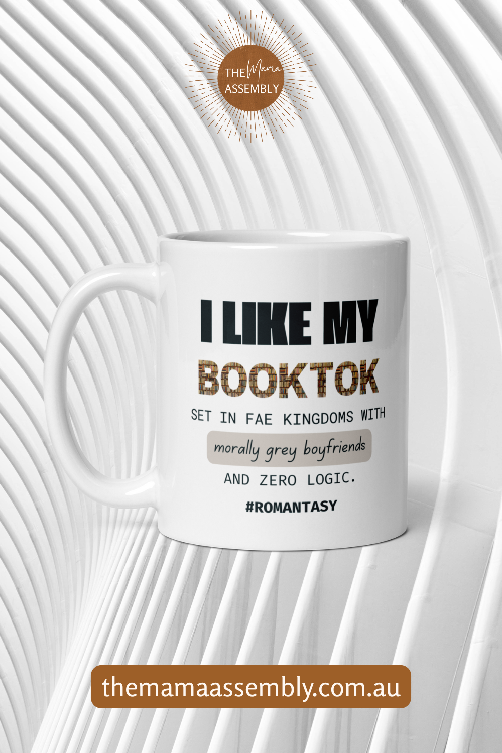White mug with text on a white background