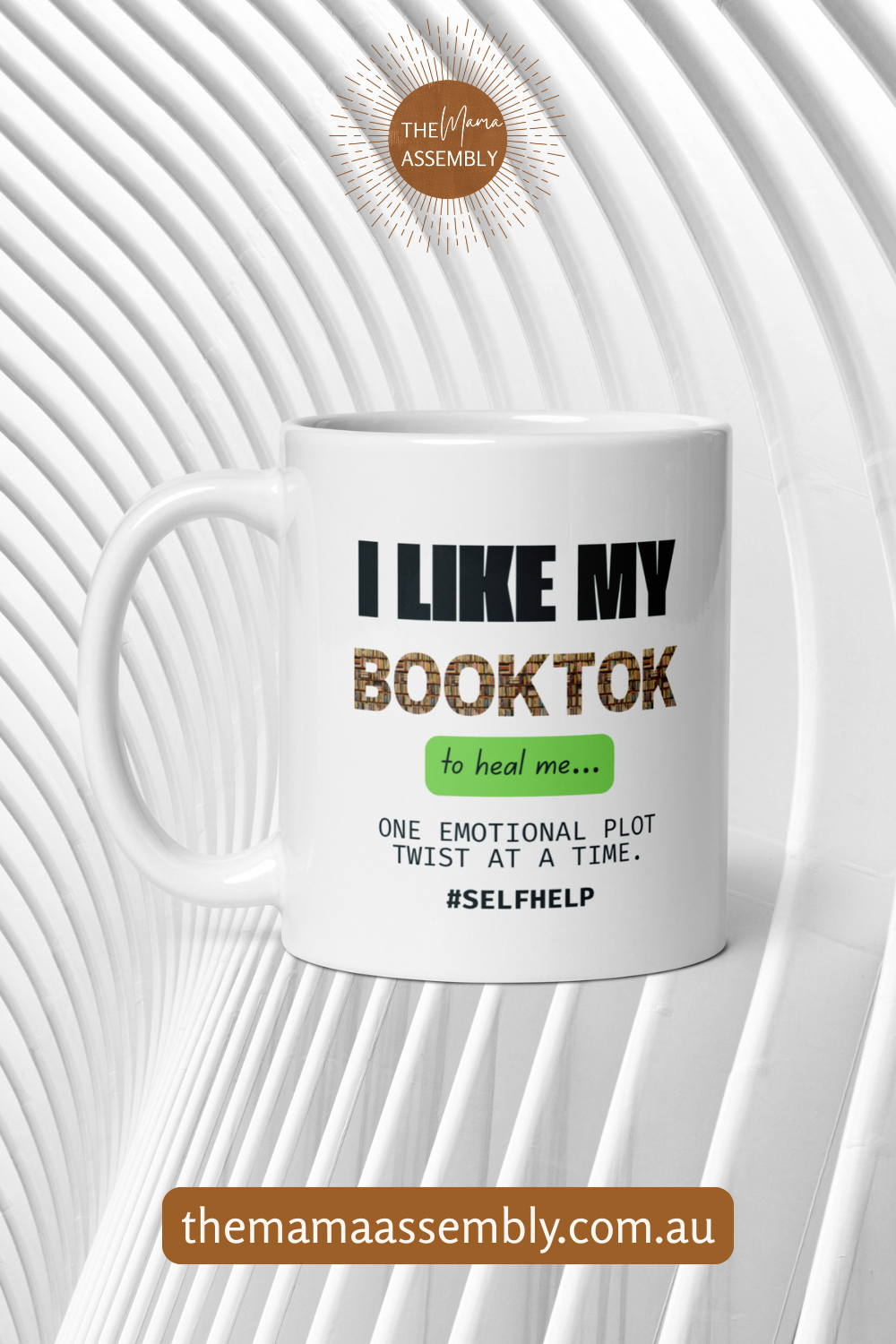 White mug with humorous text design on a white background