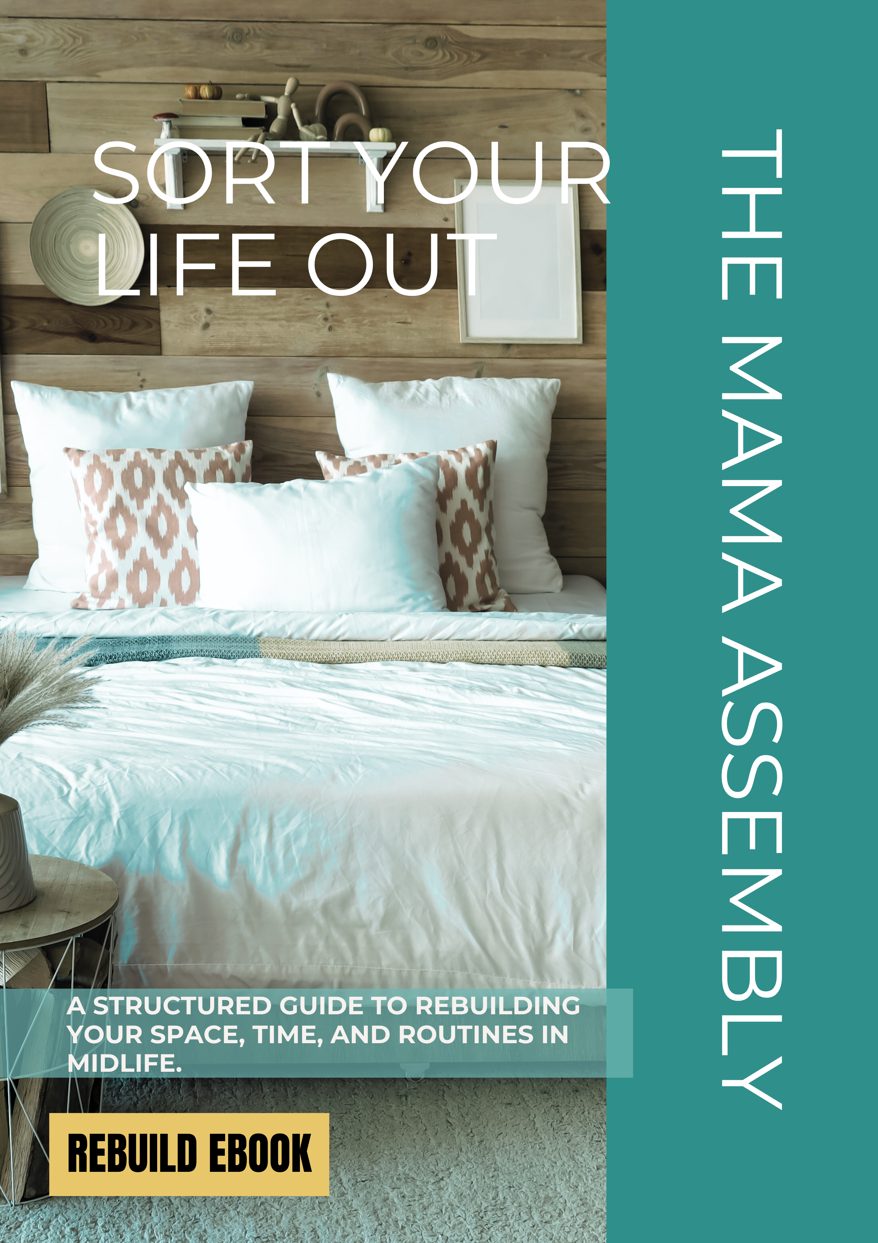 Bedroom with pillows and a wooden headboard, featuring text about 'The Mama Assembly' ebook.