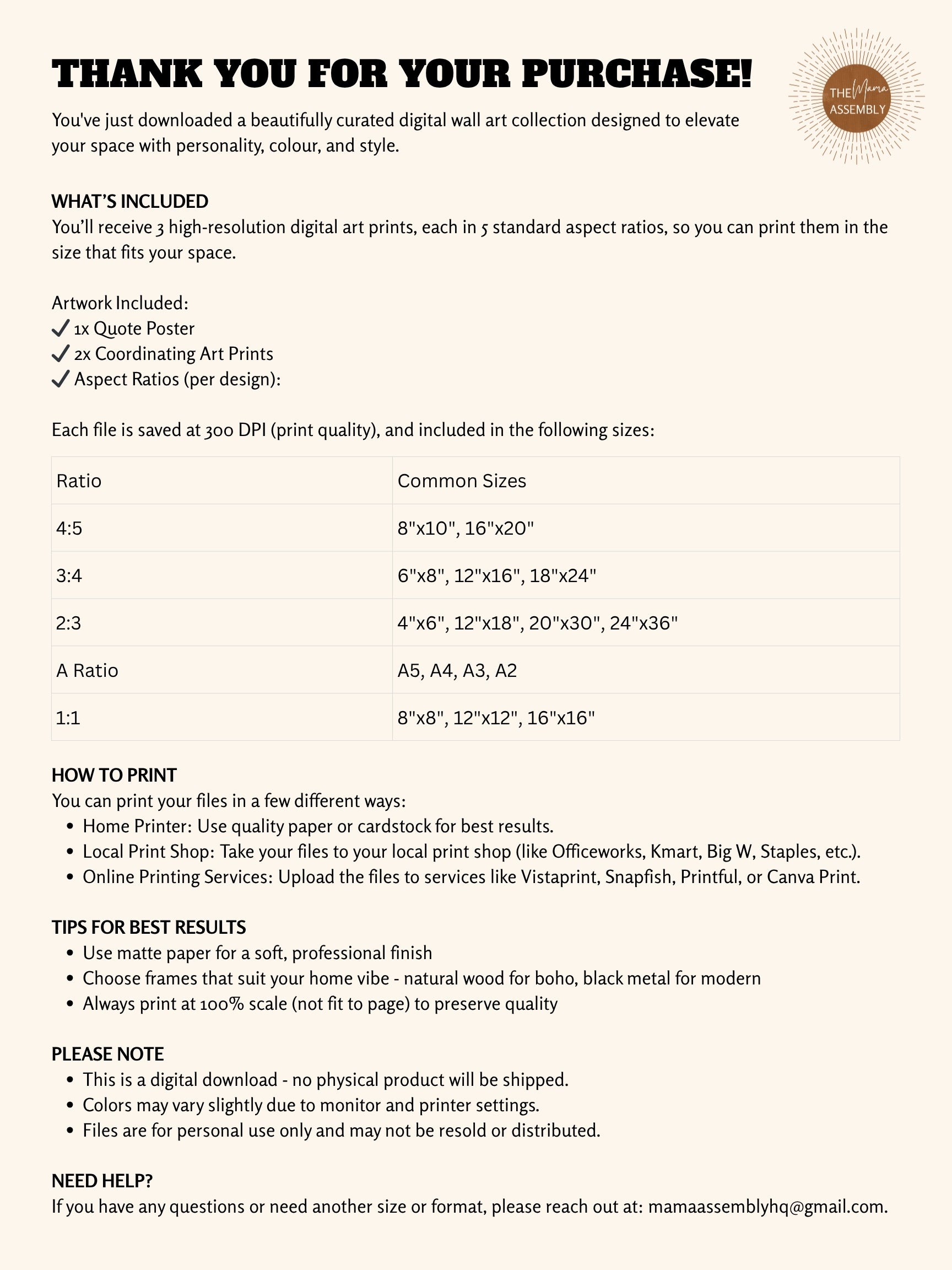 Digital art collection information sheet with details on artwork included, print sizes, and printing instructions.