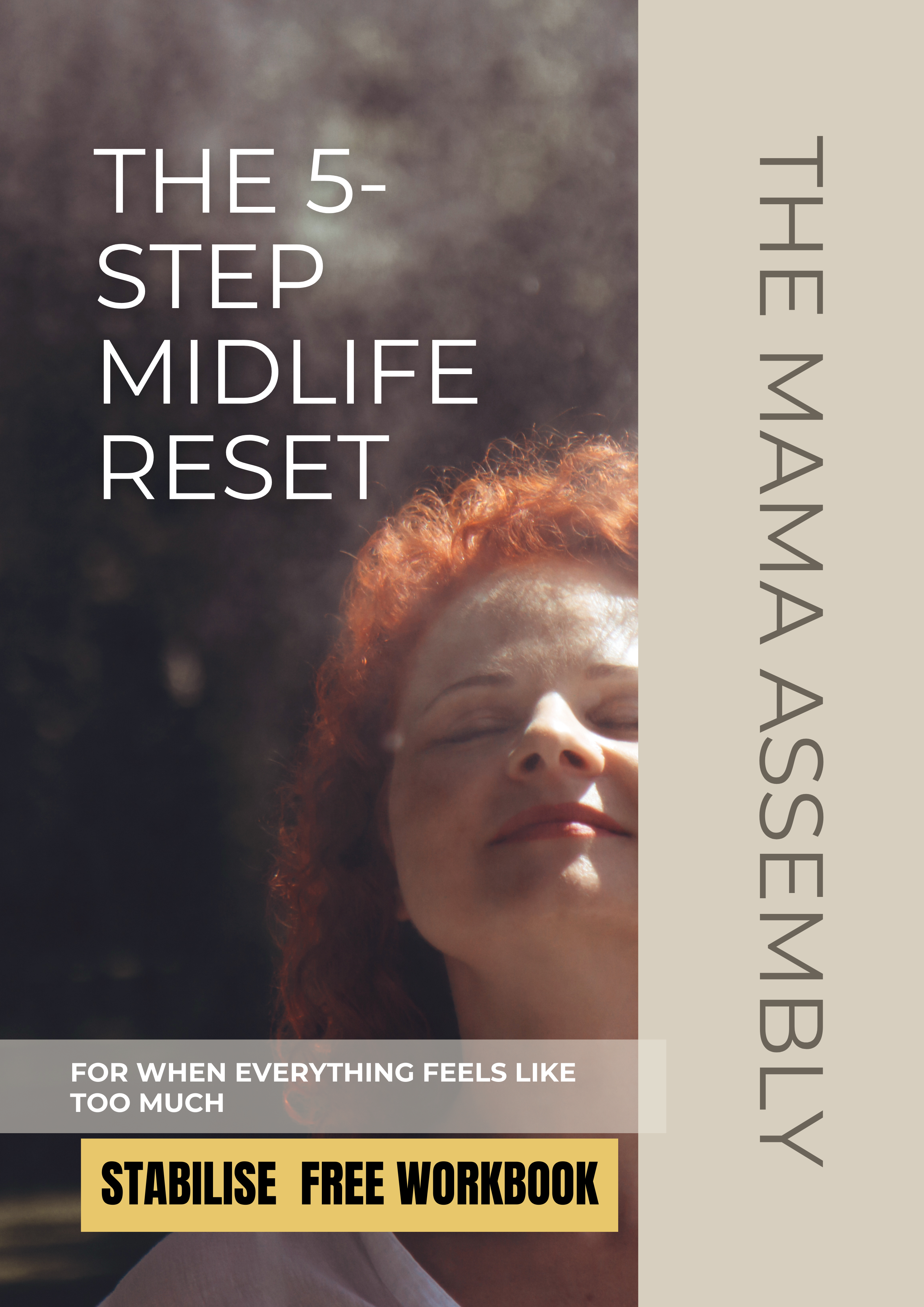 Book cover of 'The 5-Step Midlife Reset' by The Mama Assembly with a woman's face on a dark background.