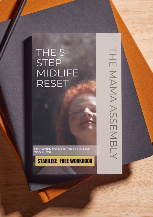 Book titled 'The 5-Step Midlife Reset' by The Mama Assembly on a wooden surface.