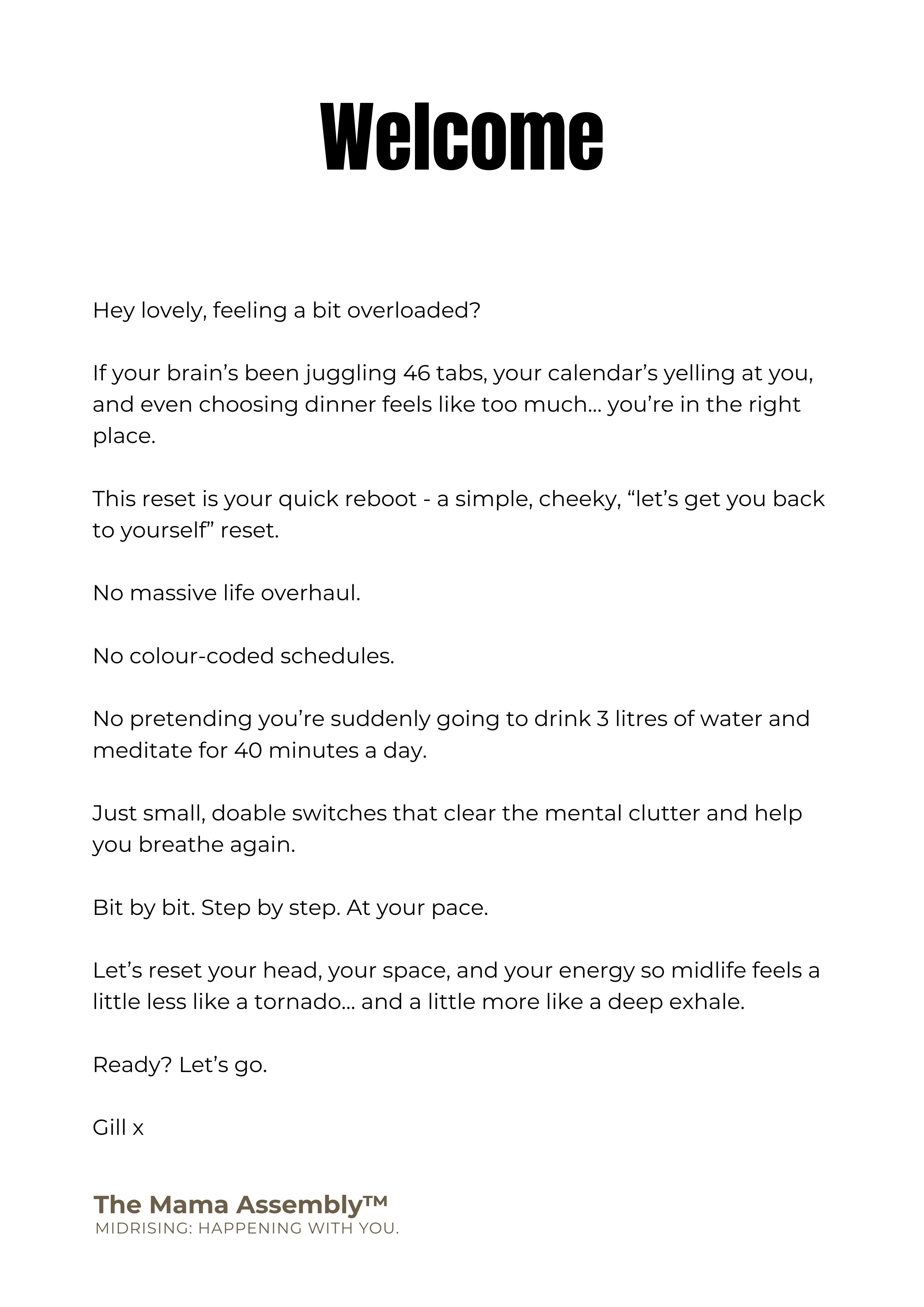 Welcome message from The Mama Assembly on a white background
