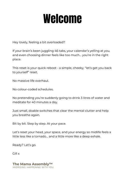 Welcome message from The Mama Assembly on a white background