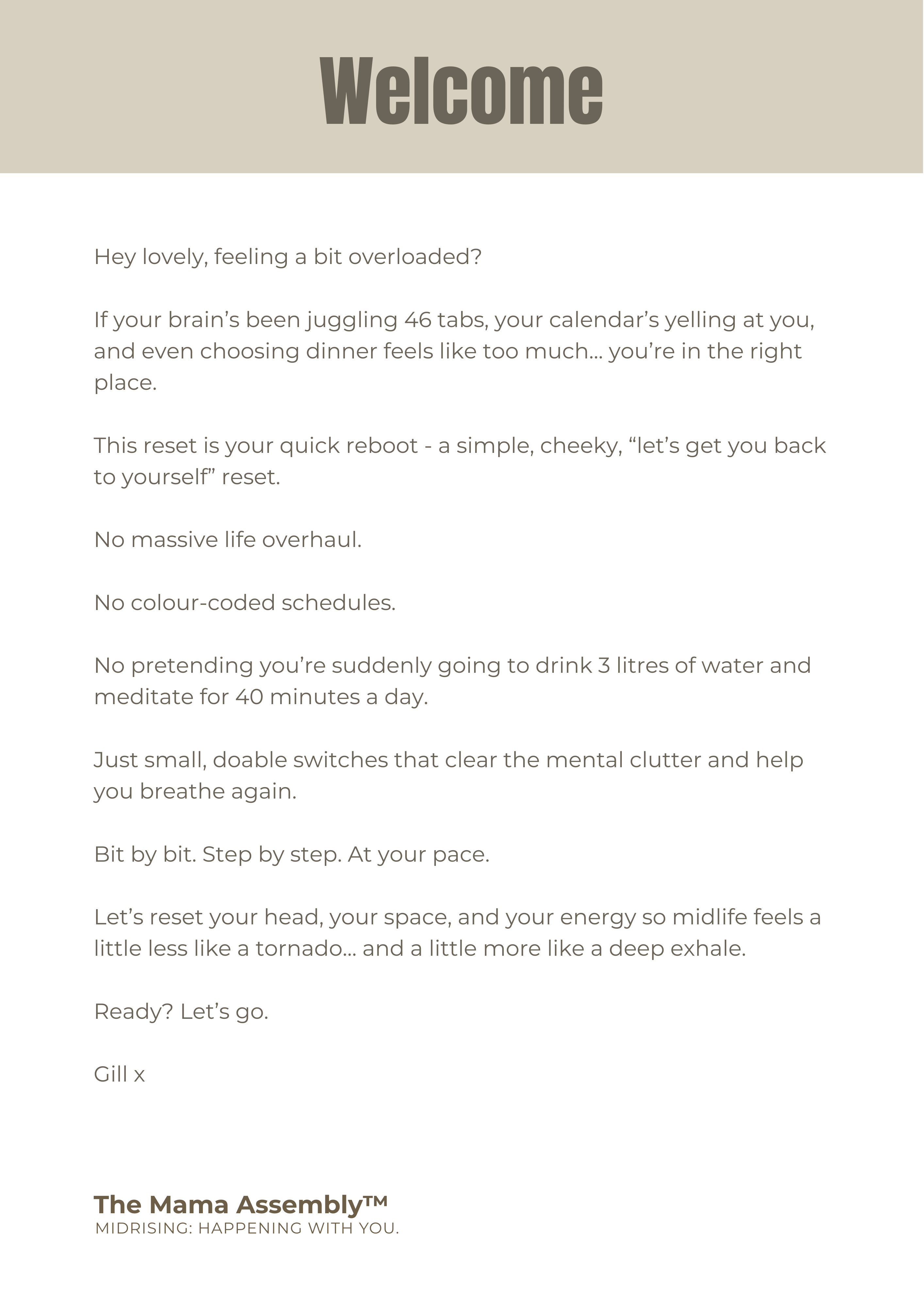 Text message from The Mama Assembly with a welcome message and branding.