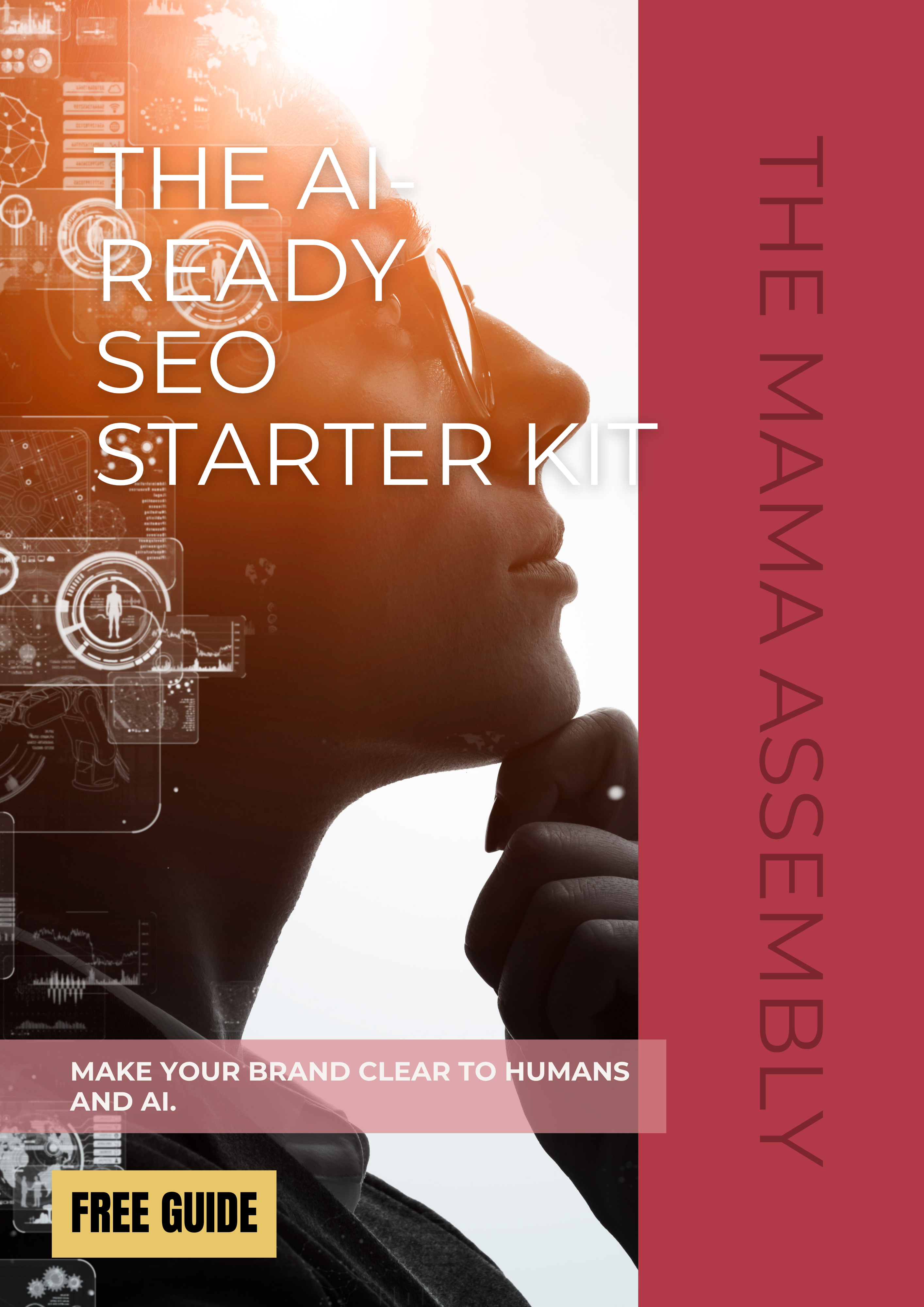 Promotional graphic for 'The Already SEO Starter Kit' by The Mama Assembly with a silhouette of a person and technical graphics.