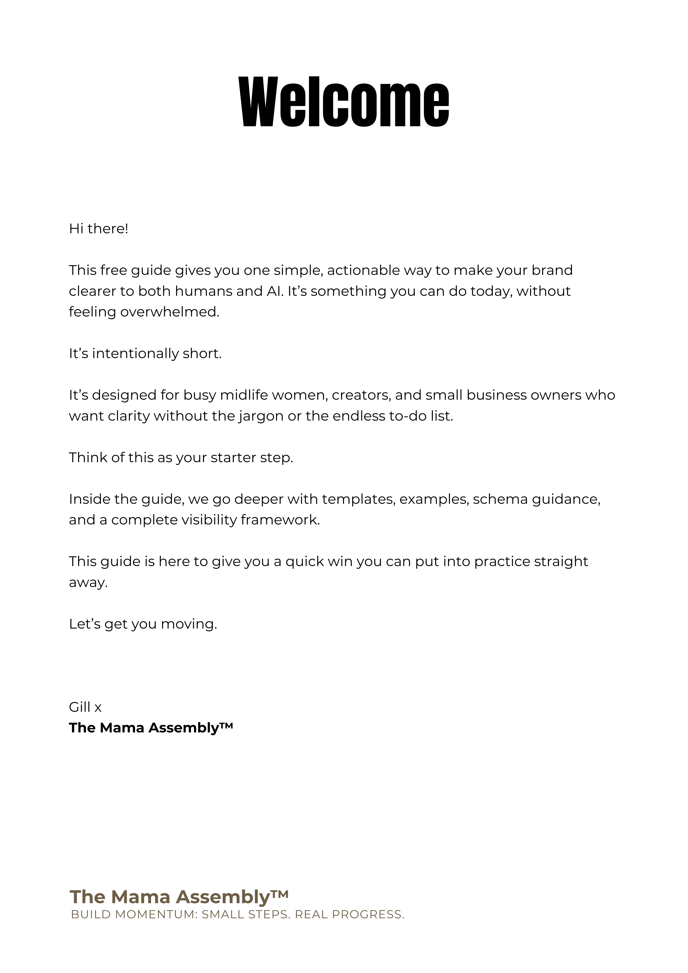 Welcome message with text about a free guide for brand clarity, featuring The Mama Assembly branding.