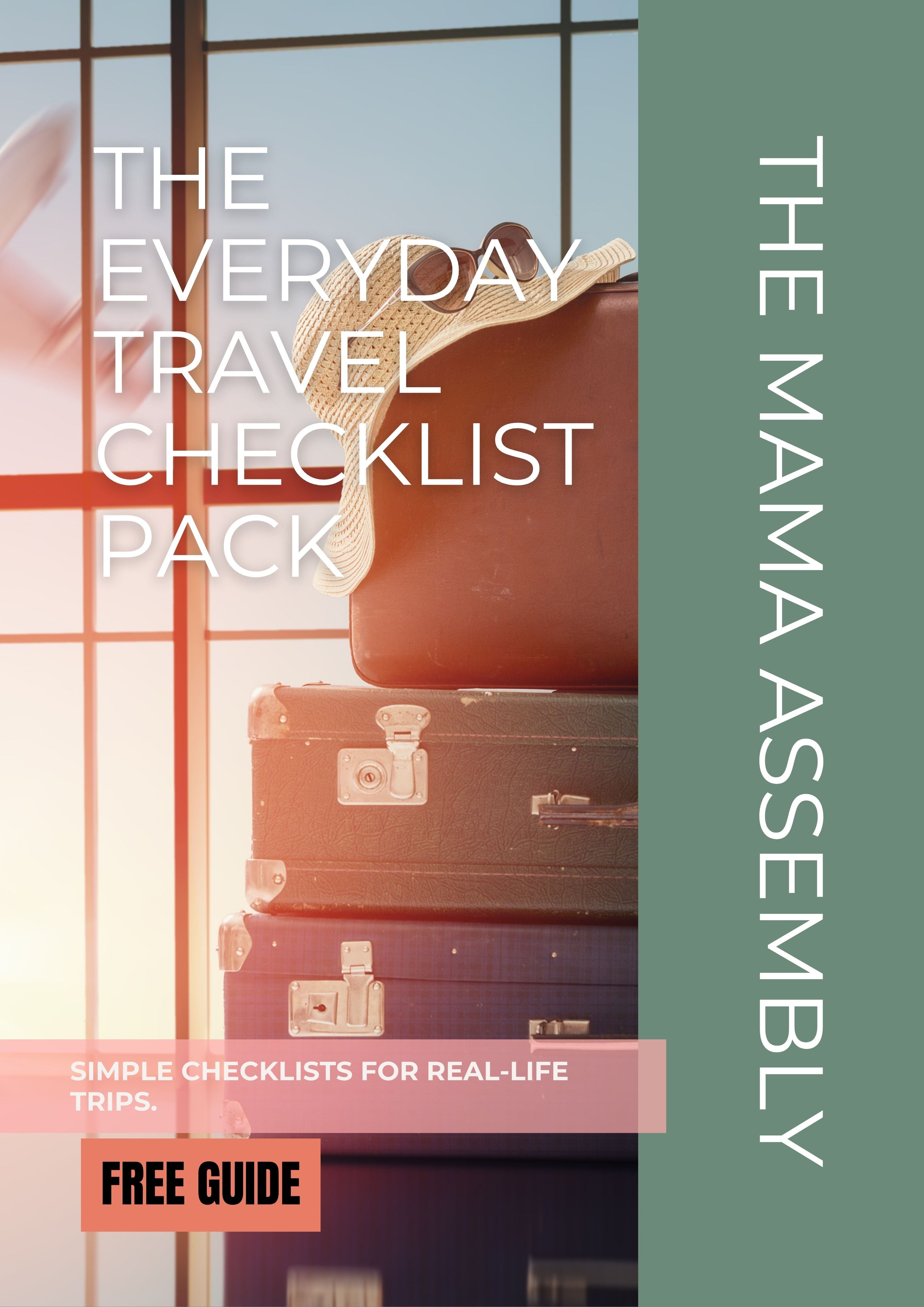 Cover of 'The Everyday Travel Checklist Pack' by The Mama Assembly with suitcases and a suitcase handle.