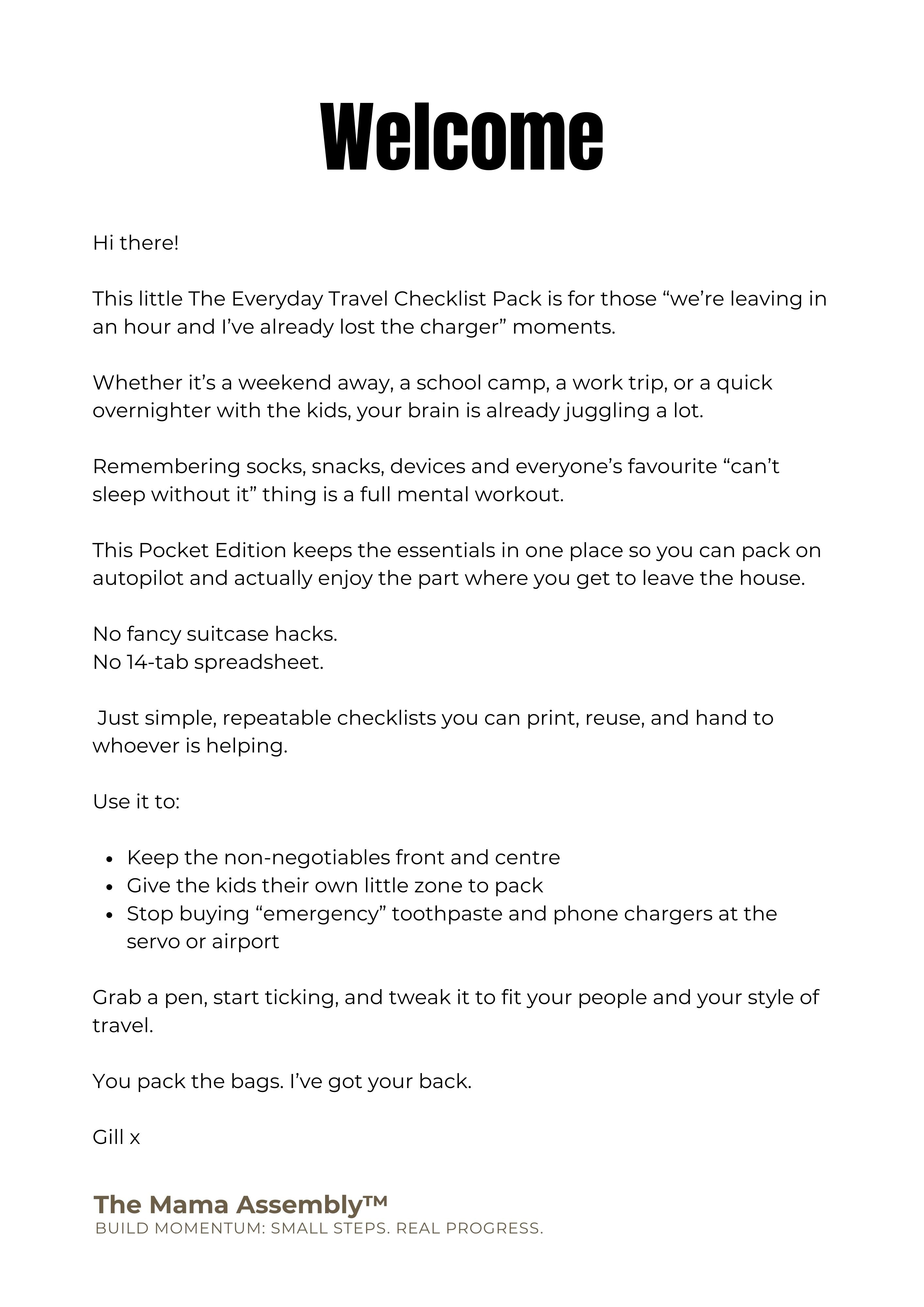 Welcome message and description of The Everyday Travel Checklist Pack on a white background