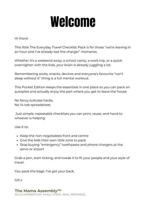 Welcome message and description of The Everyday Travel Checklist Pack on a white background