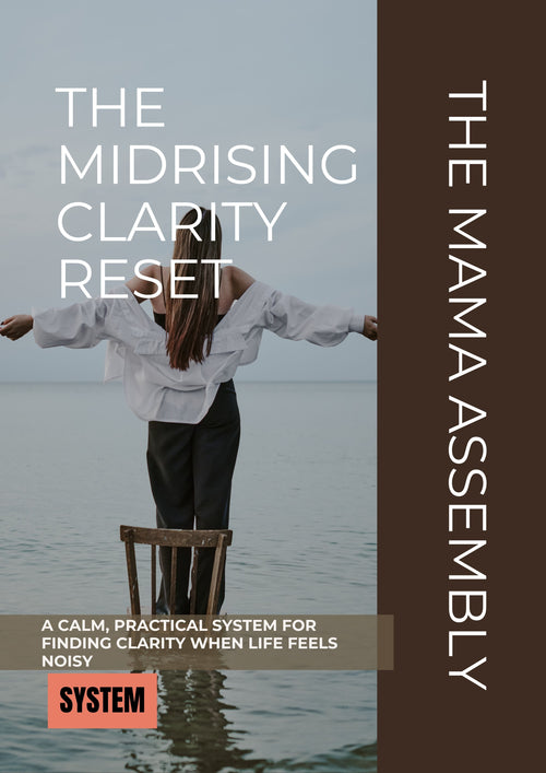Book cover of 'The Midrising Clarity Reset' by The Mama Assembly with a person standing on a chair over water.