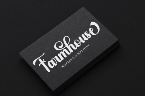 Black card with 'Farmhouse' script font text on a dark background