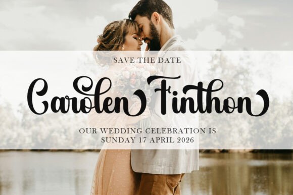 Wedding invitation with a couple embracing by a lake, featuring text 'Save the Date' and 'Carolen Finthon'.