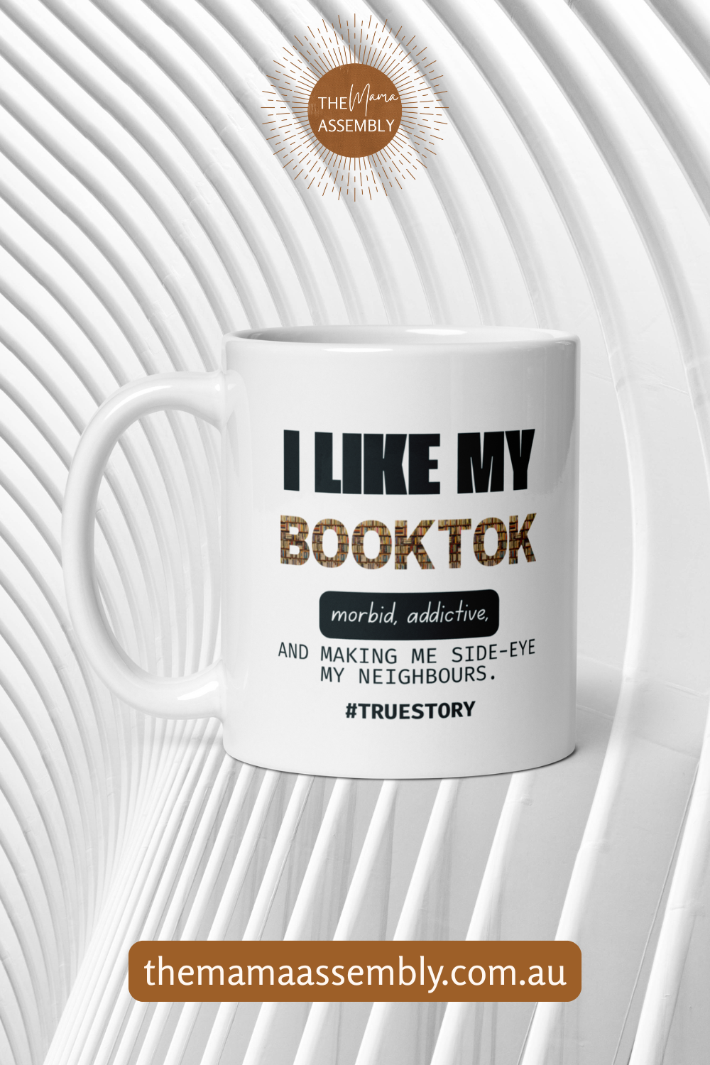 White mug with humorous text design on a white background