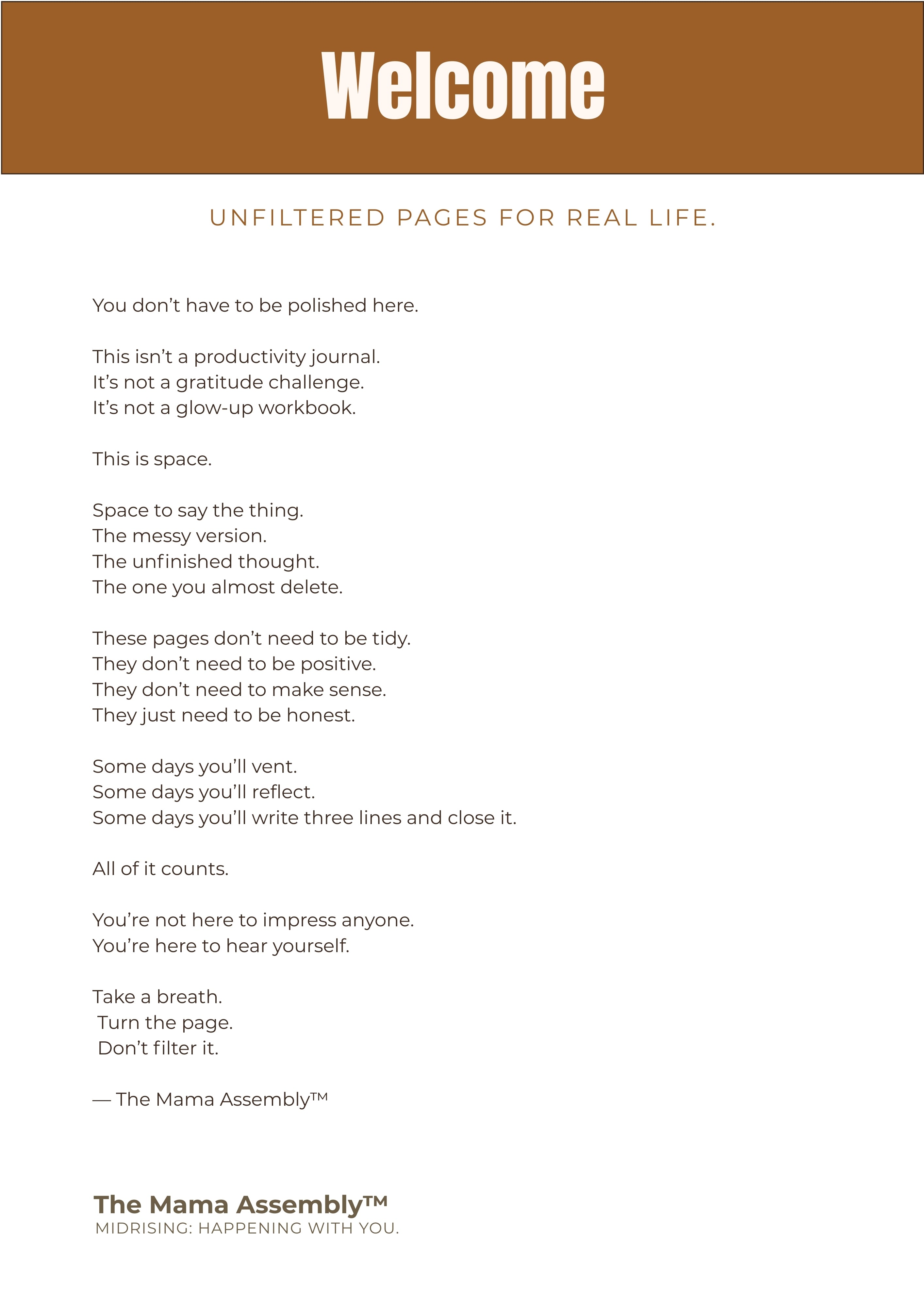 Welcome page with text and branding for 'The Mama Assembly' on a white background.