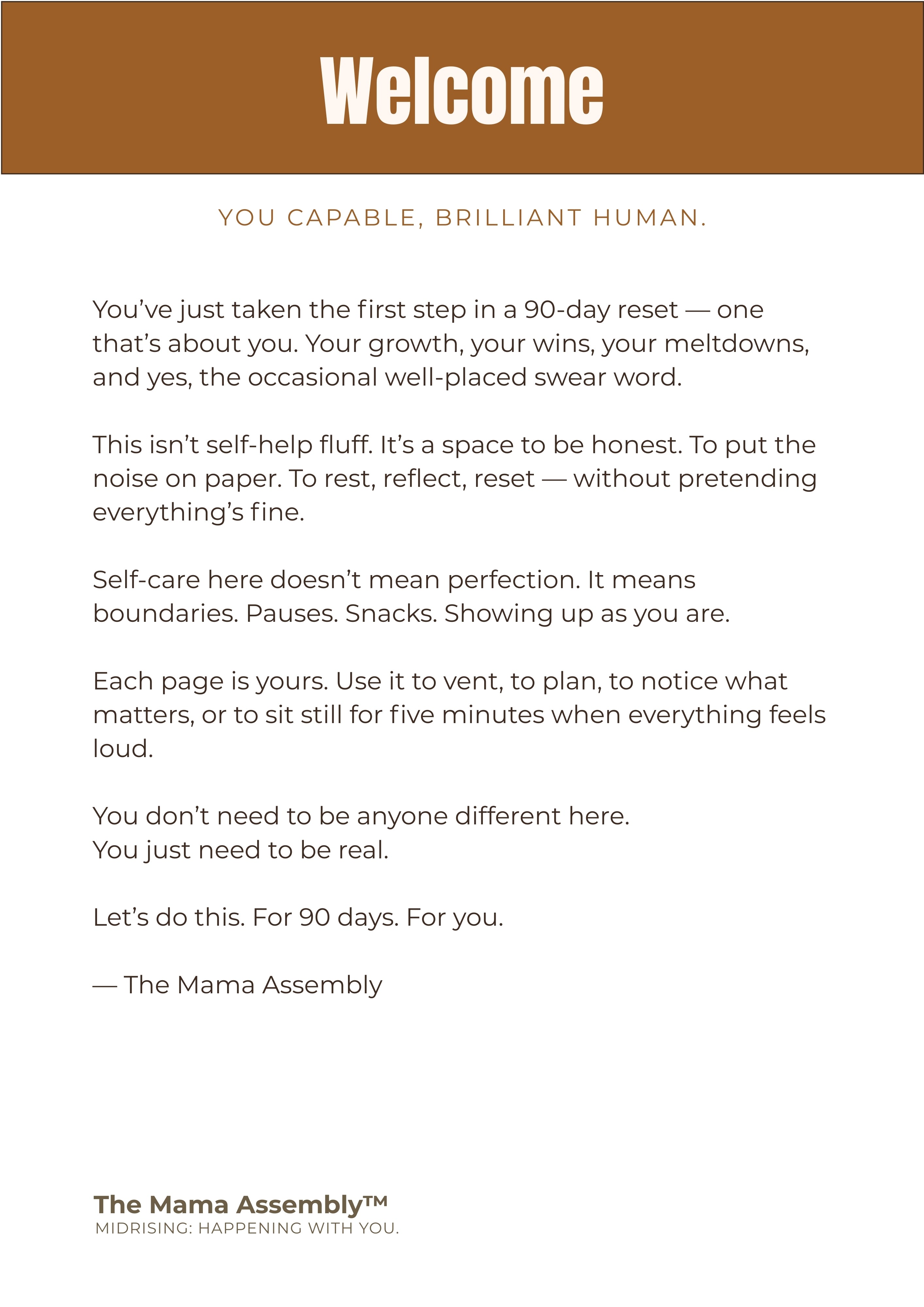 Text document with motivational message from 'The Mama Assembly' on a white background