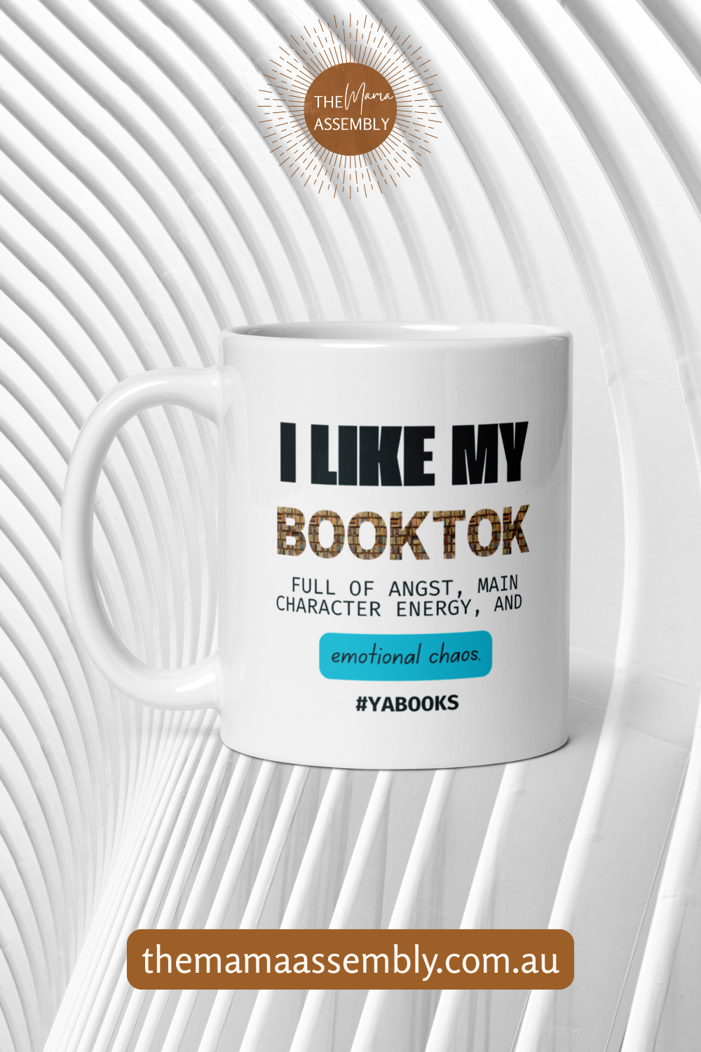 White mug with text on a white background