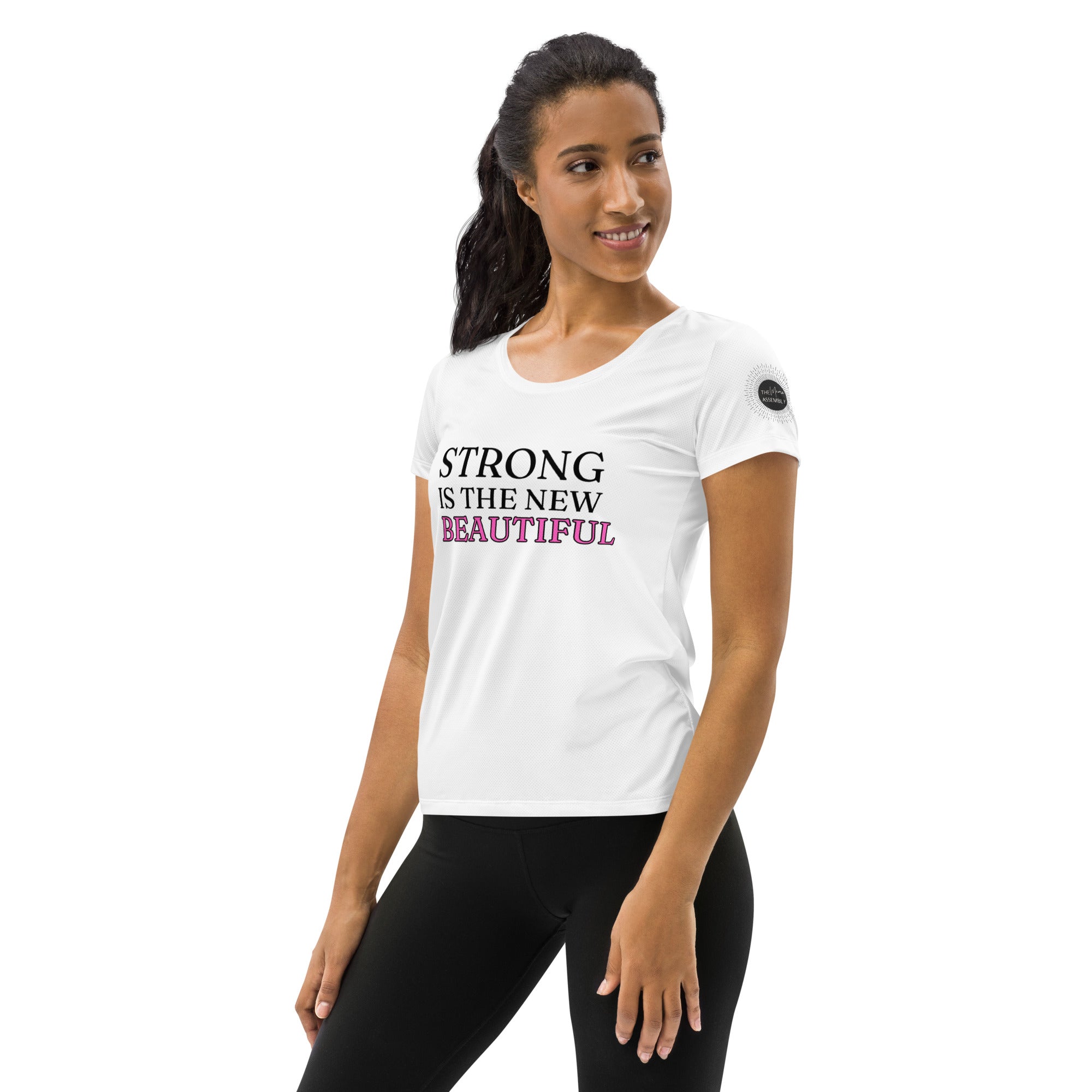 Strong is the new beautiful phrase on white t-shirt front and logo on sleeve