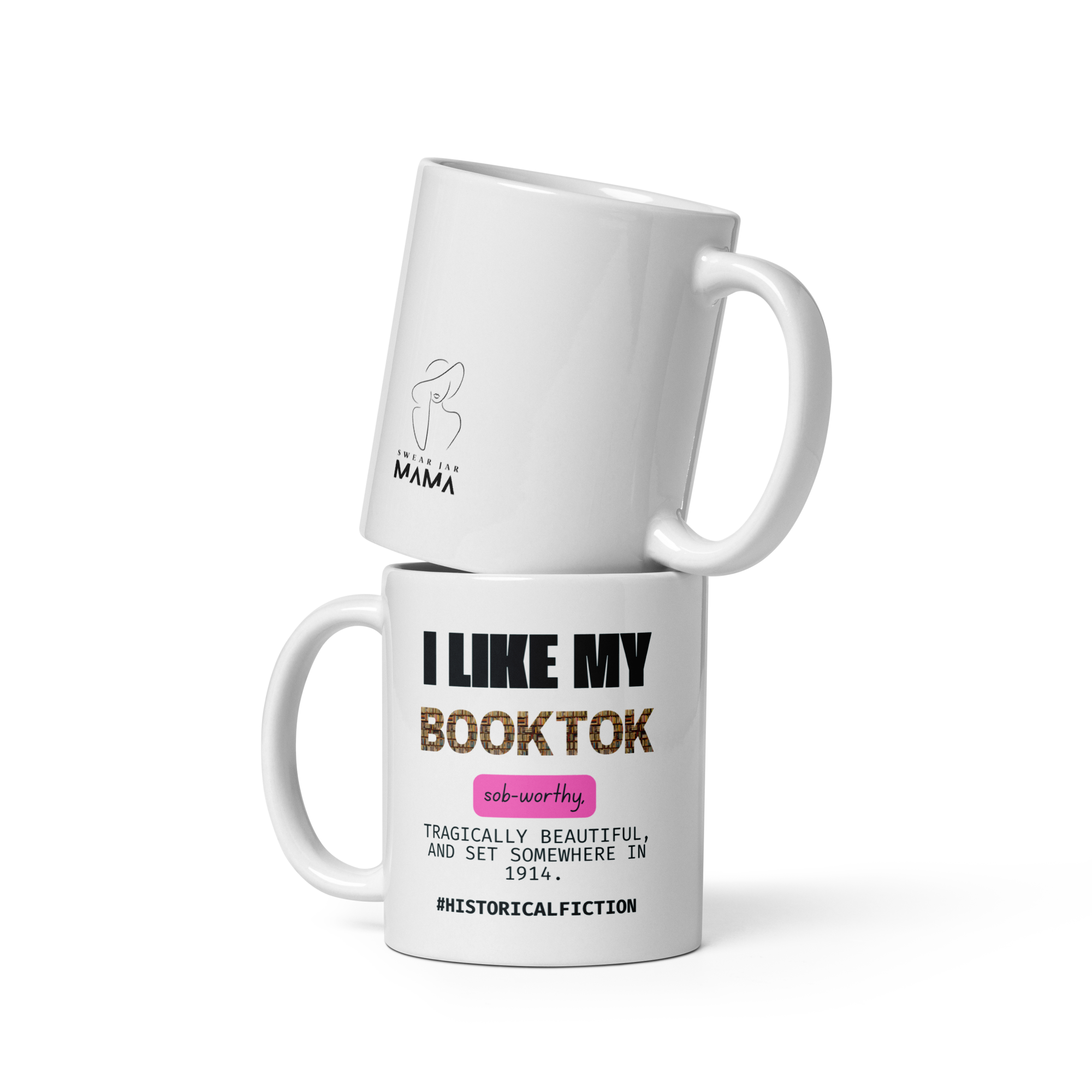 Two white mugs with text and graphics on a white background