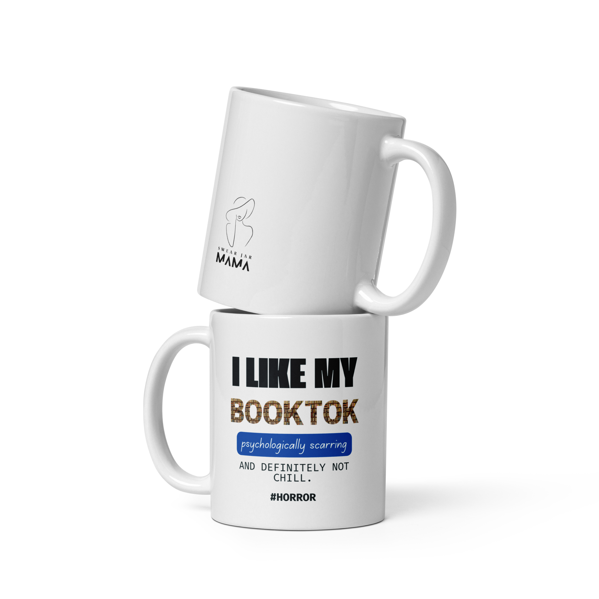 Two white mugs with text on a white background