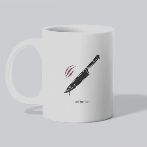 White mug with text 'PLOT TWIST: IT WAS ME ALL ALONG.' on a reflective surface with colorful blurred elements. mpg