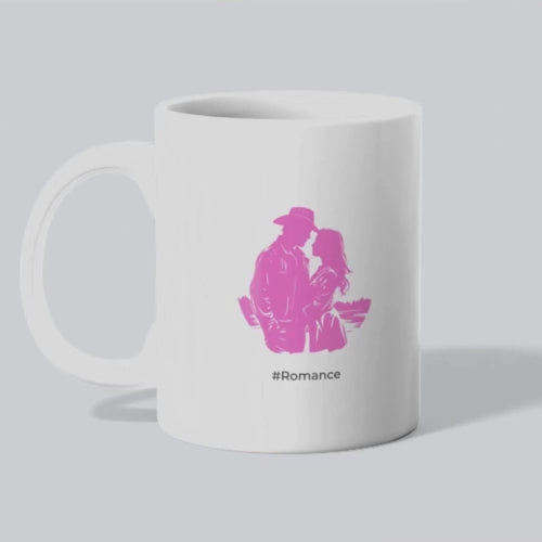 White mug with pink silhouette of a couple and '#Romance' text on a colorful background mpg