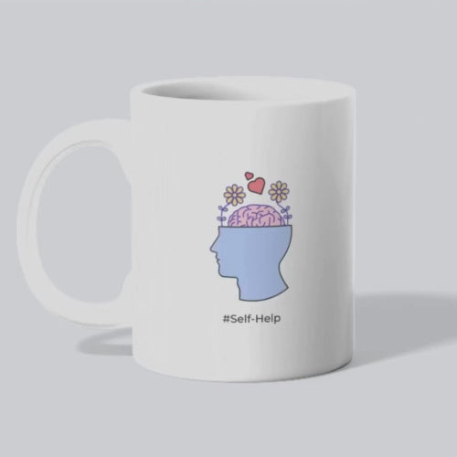 White mug with black text 'one plot twist away from enlightenment' on a colorful abstract background #self-help