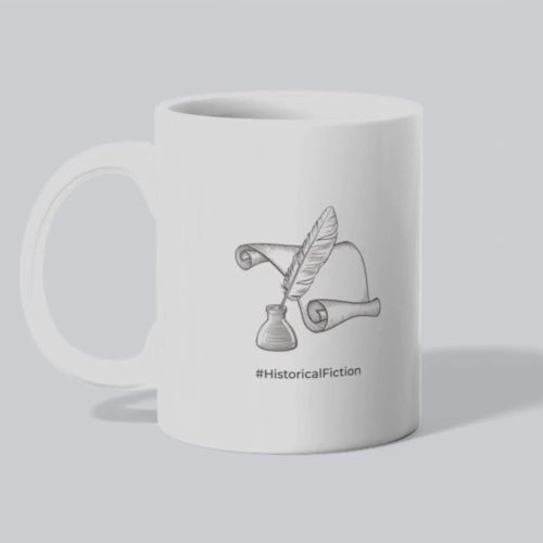 Historical Fiction with ink well feather and scroll on a white mug with a plain background