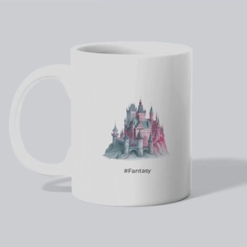 White mug with black text on a colorful abstract background mpg