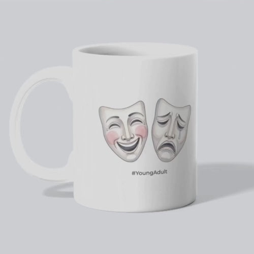 White mug with black text on a blue background Too Old for teenage drama, too addicted to stop. mpg