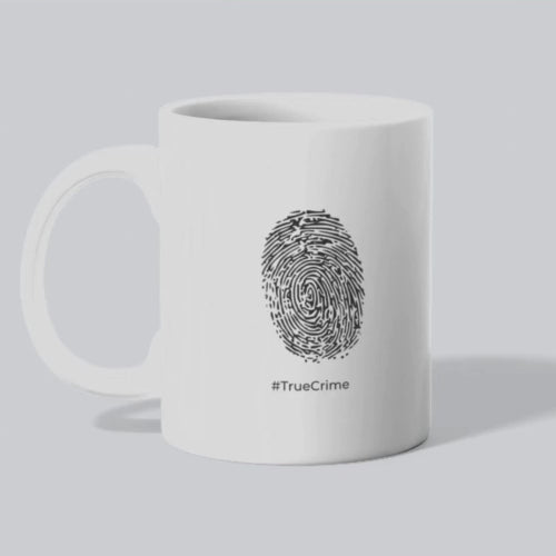 White mug with text 'I'm not suspicious... I'm prepared.' and '#TrueCrime' on a cityscape background mpg