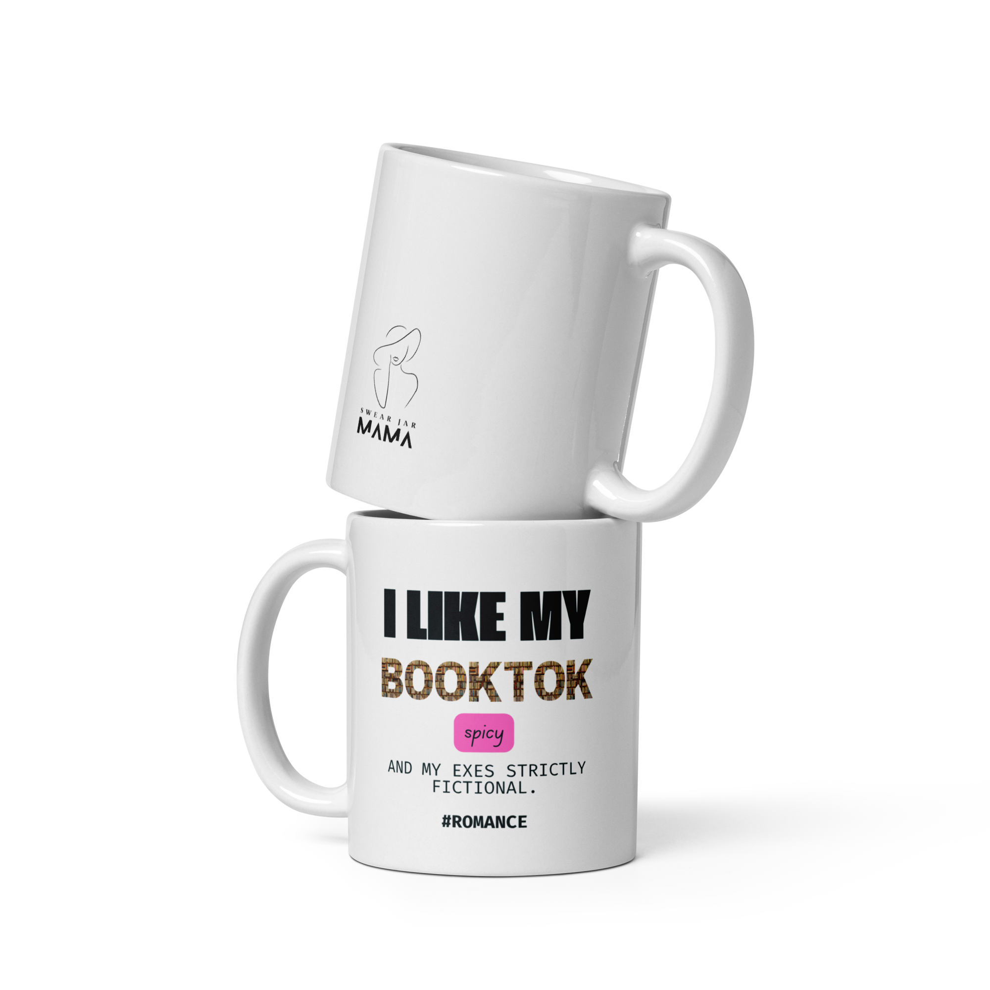Two white mugs with humorous text designs on a white background