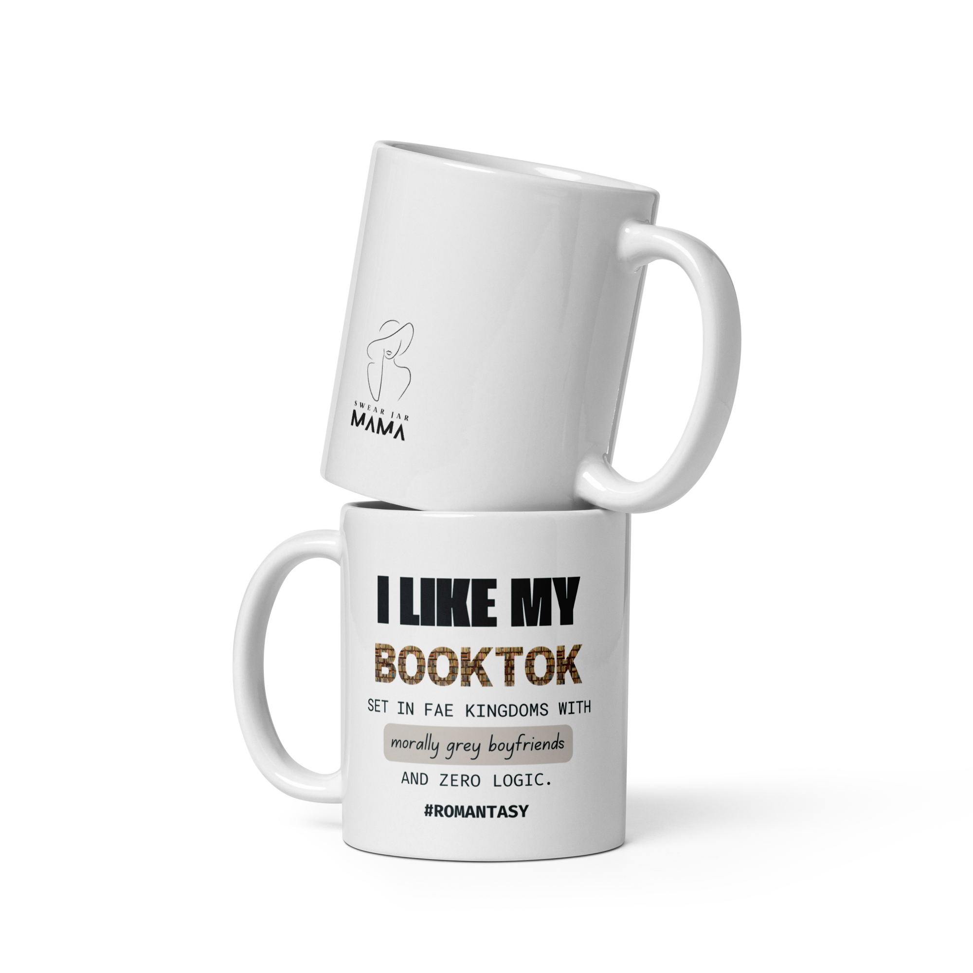 Two white mugs with text on a white background