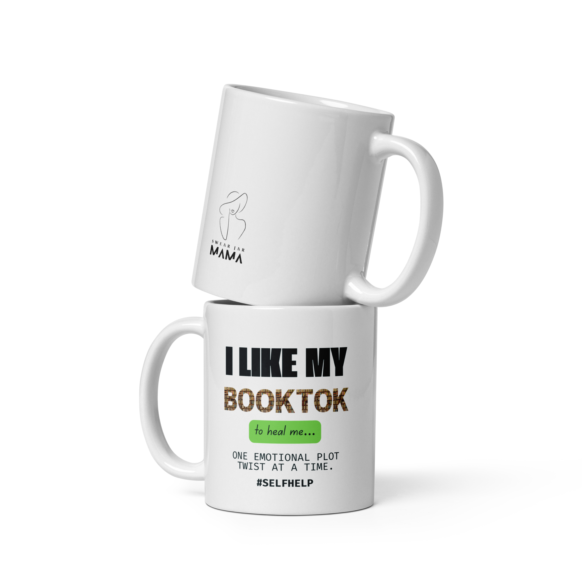 Two white mugs with humorous text designs on a white background