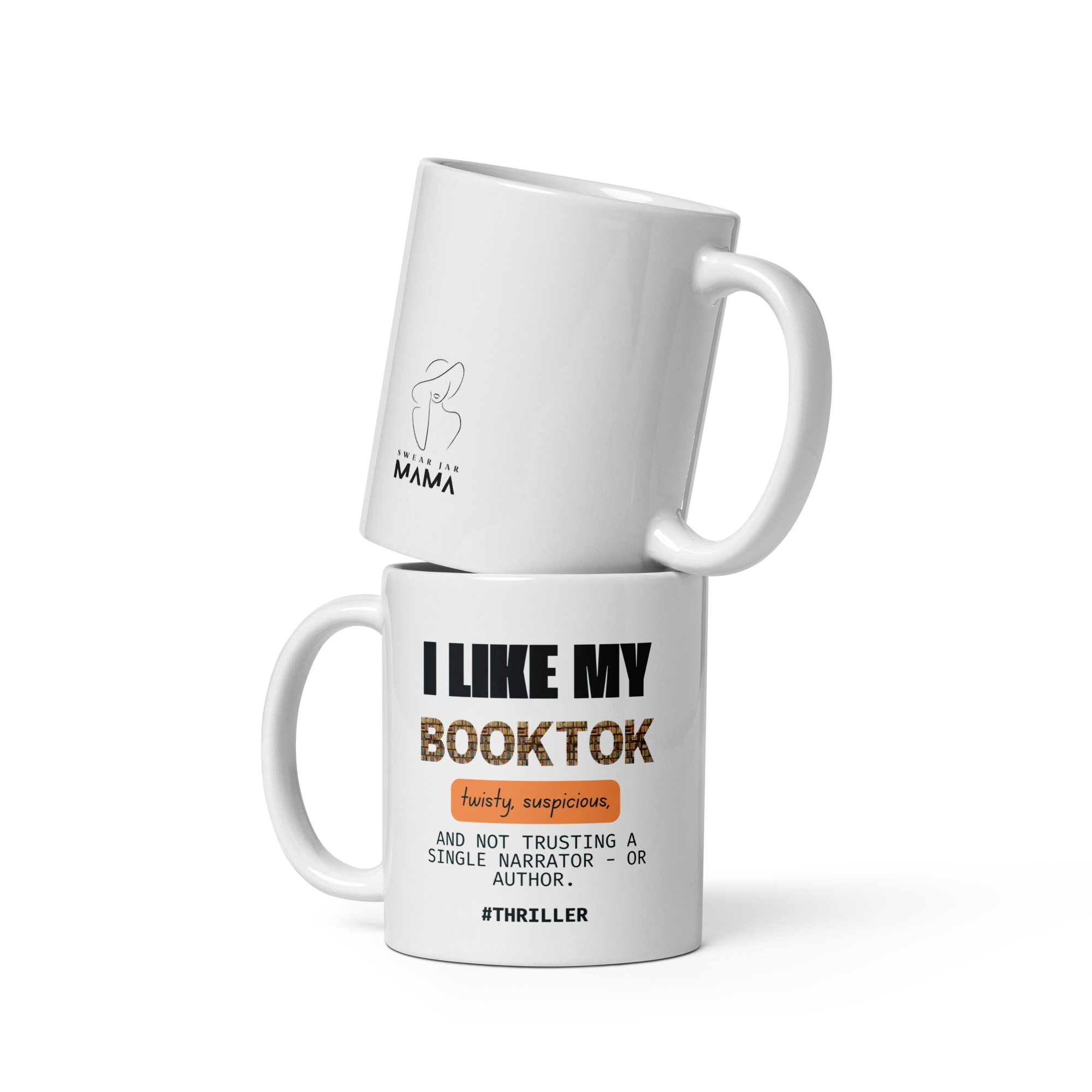 Two white mugs with text on a white background