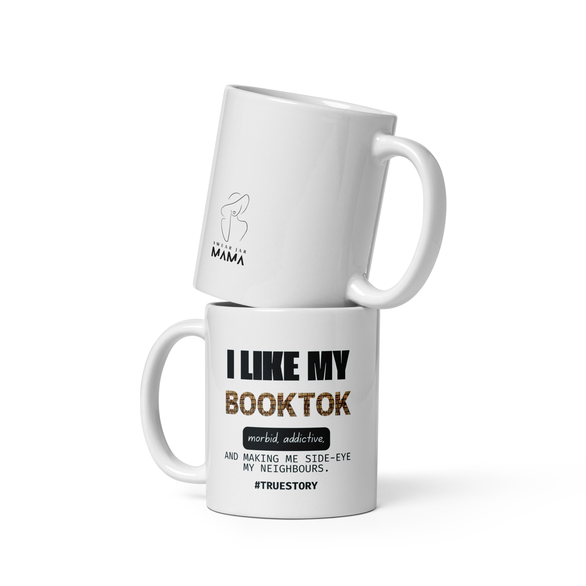 Two white mugs with text on a white background