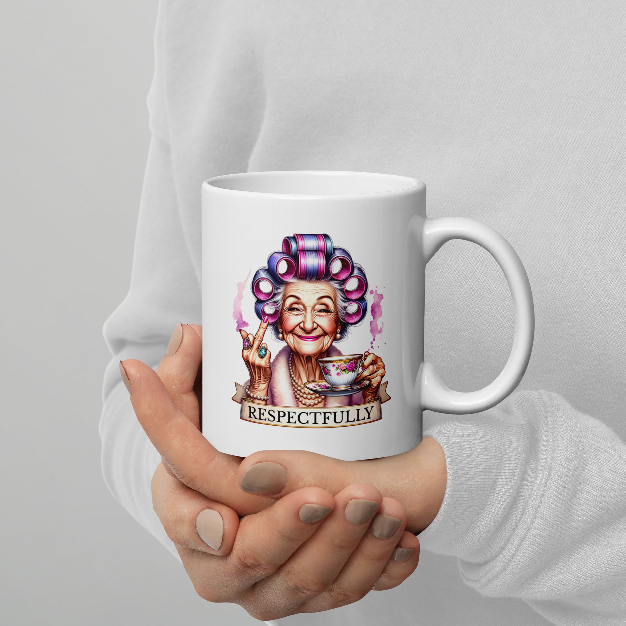 Mug with a cartoon character holding a cup and the text 'RESPECTFULLY' held by a person.