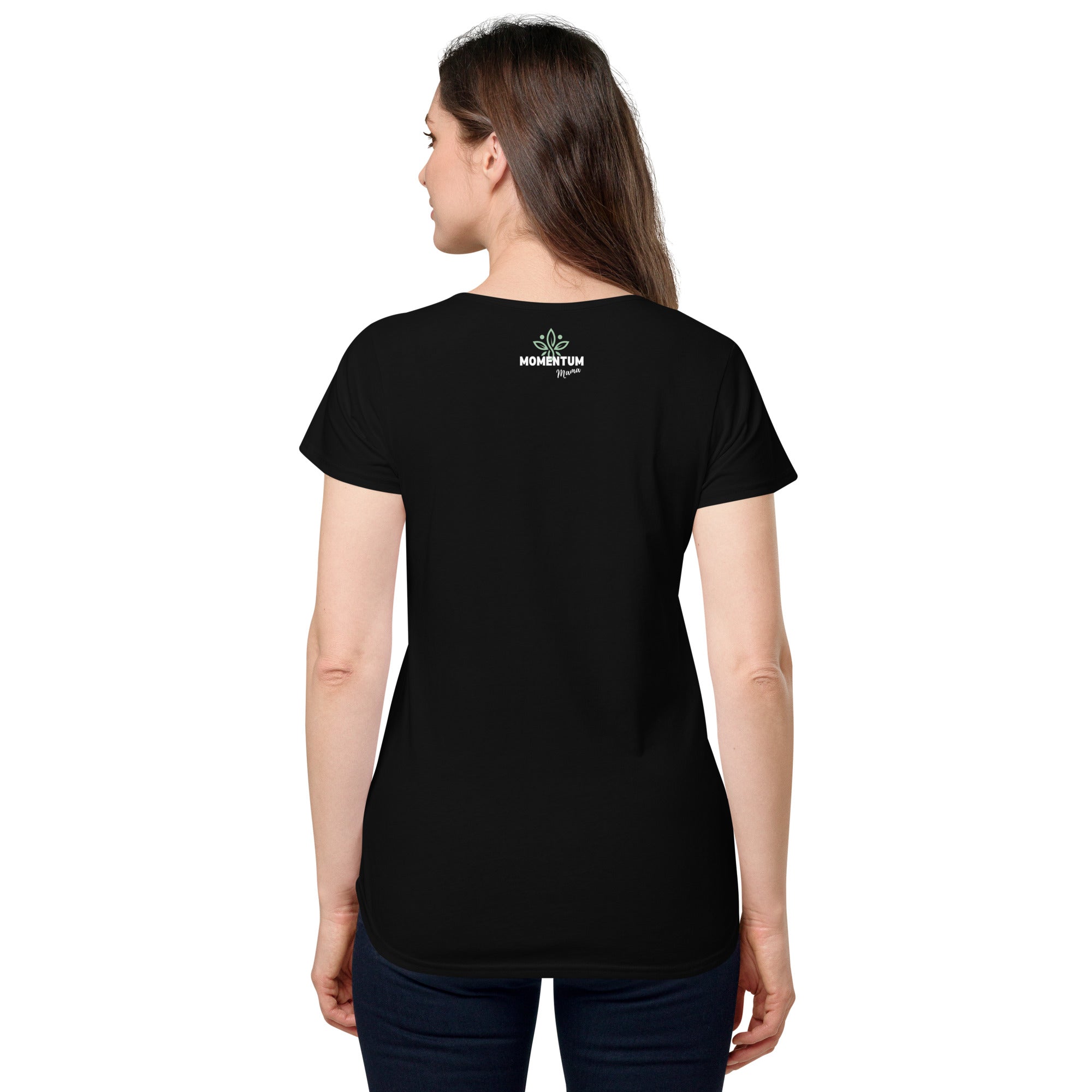 Person wearing a black t-shirt with a logo on the back.