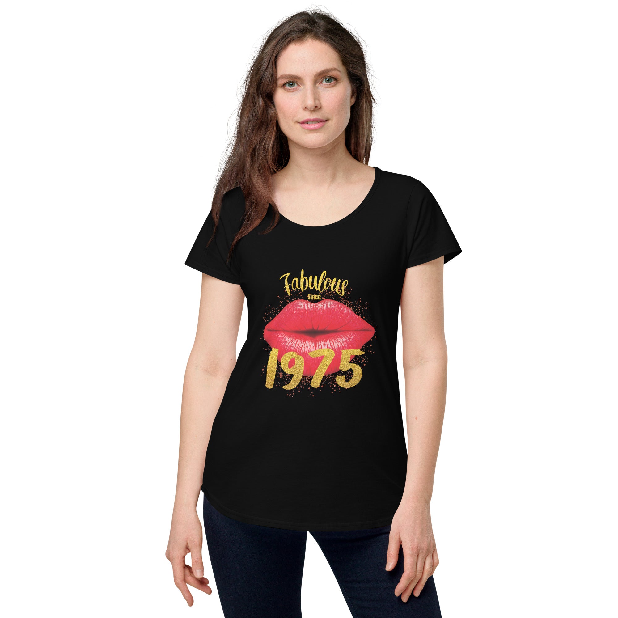 Woman wearing a black t-shirt with a graphic design