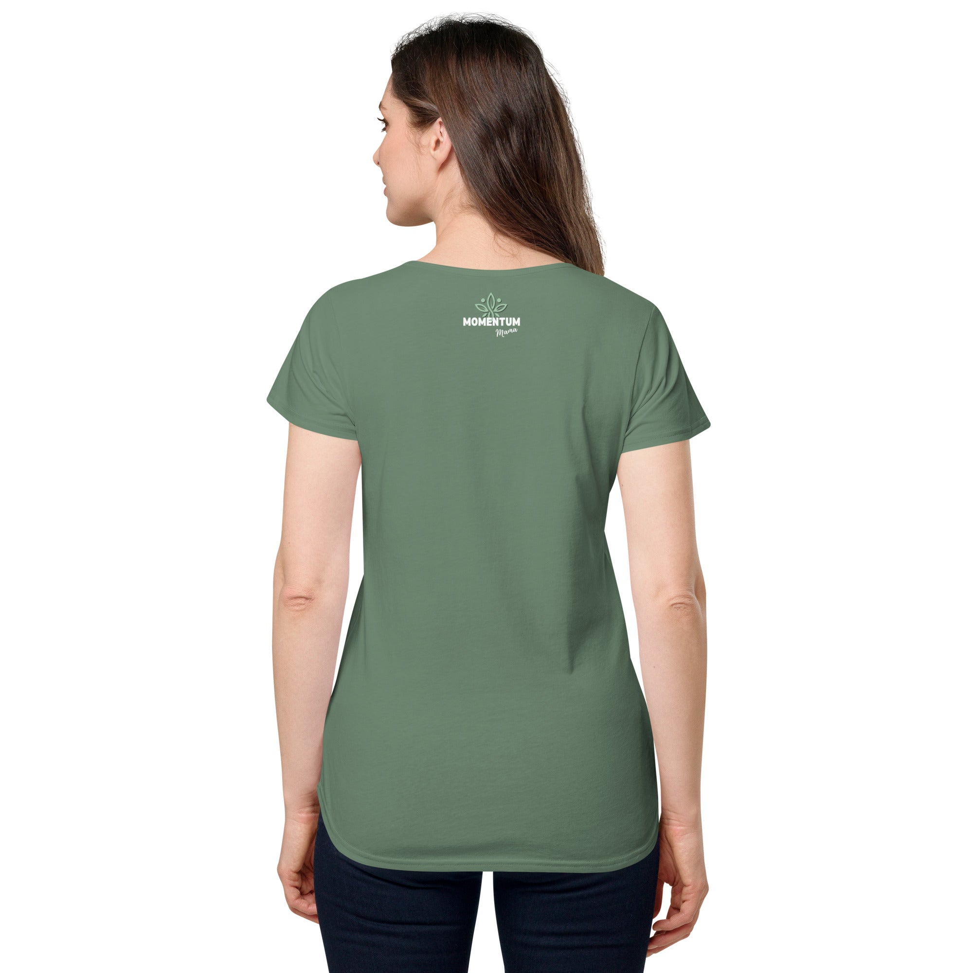 Person wearing a green t-shirt with a logo on the back.
