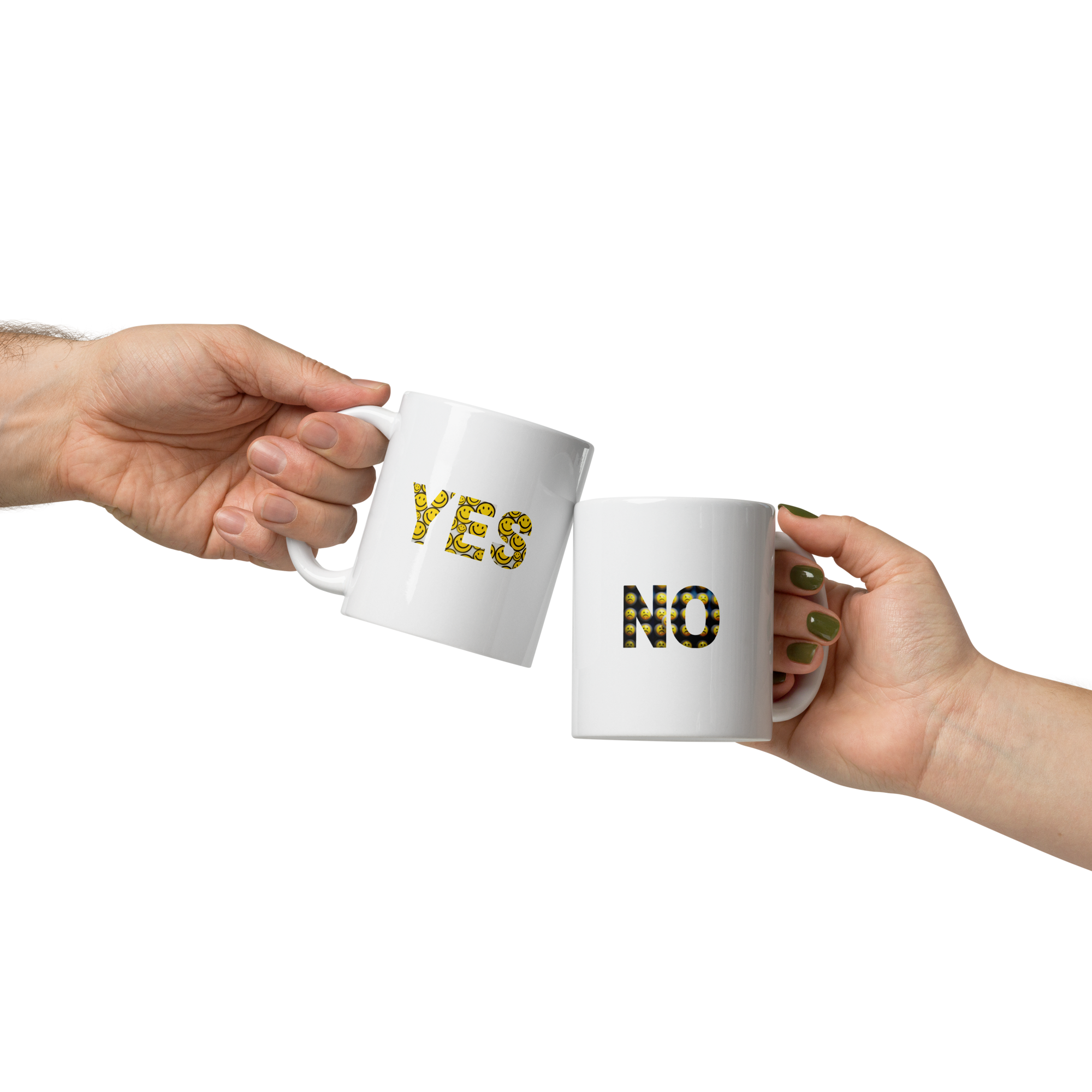 Two hands holding white mugs with 'YES' and 'NO' text on a white background