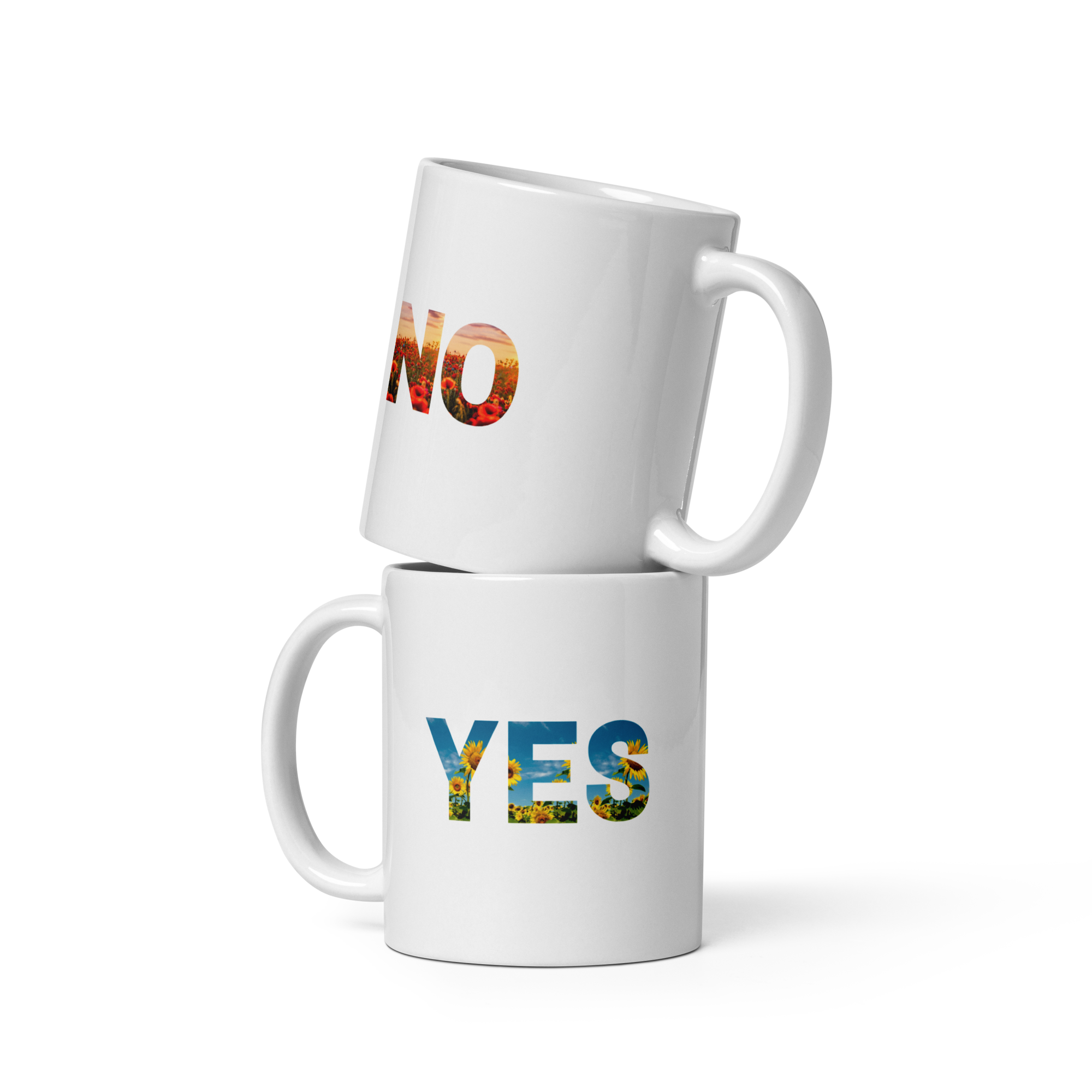 Two white mugs stacked on top of each other with 'NO' and 'YES' text.