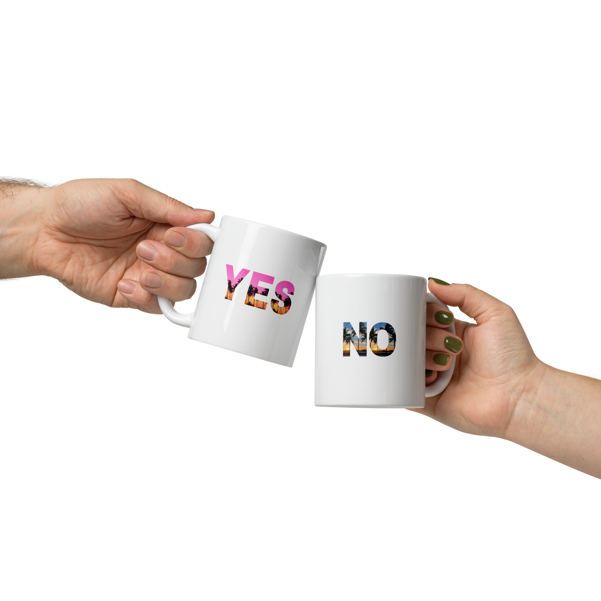 Two hands holding mugs with 'YES' and 'NO' printed on them against a white background