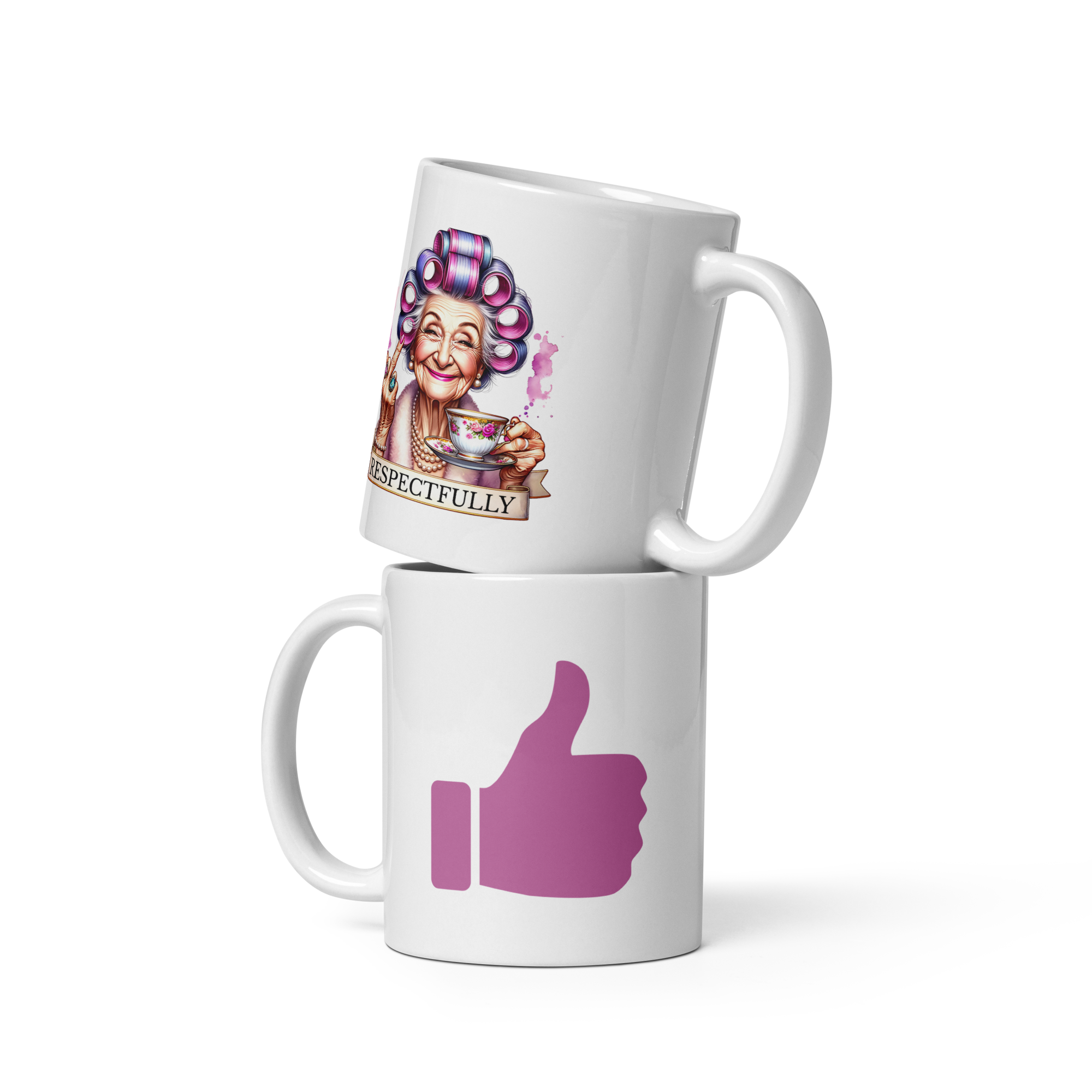 Two mugs stacked on top of each other with a design of a woman and a thumbs-up icon.