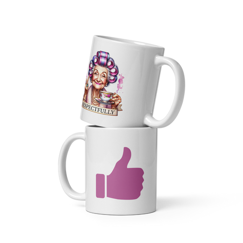 Two mugs stacked on top of each other with a design of a woman and a thumbs-up icon.