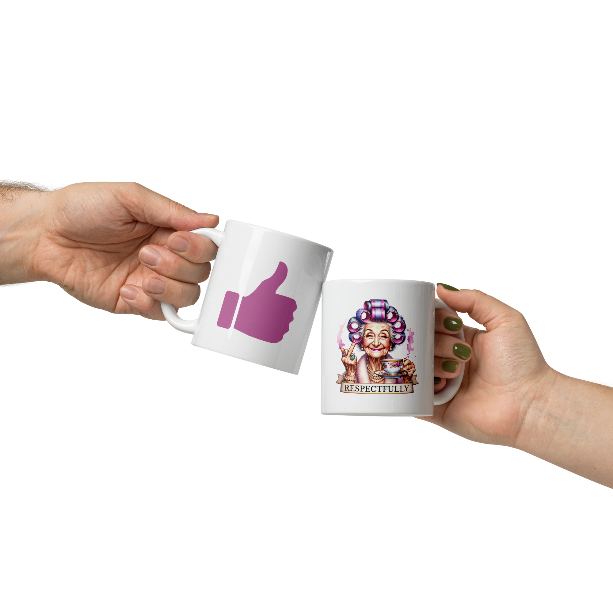Two hands holding mugs with a pink thumbs-up icon and a cartoon character on a white background