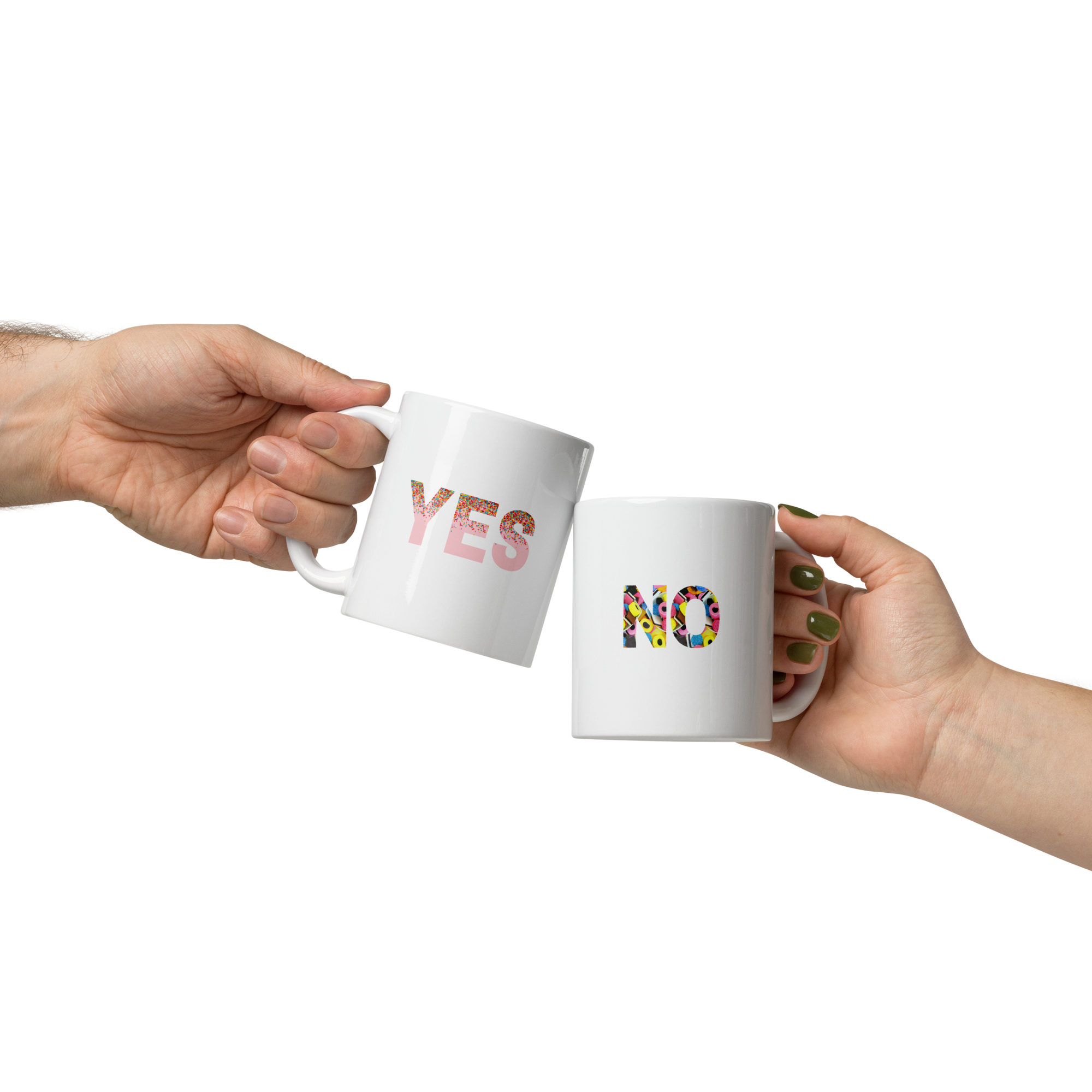 Two hands holding mugs with 'YES' and 'NO' on a white background