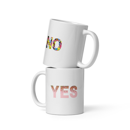 Two white mugs with 'NO' and 'YES' text on a white background